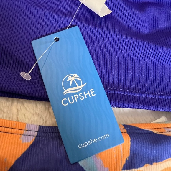 Cupshe Blue Ribbed Tankini Set Tropical Leaf High Waist Bikini Size Large NWT - Picture 10 of 13